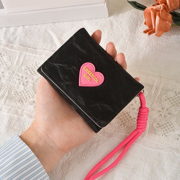 Eespoir Cute Wallet Short Student Wallet, Hand Rope Magnetic Card Bag, Small Wallet, for Teens, Girls, Boys, Minimalist Carry, ID Cards, Cash, (Black)