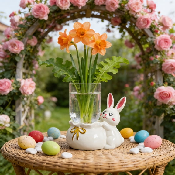 Eespoir Desktop Glass Planter, Clear Hydroponic Vase with Rabbits Shape, Imaginative Ceramic Accent Planter for Small Plants, Succulents, and Desk Greenery