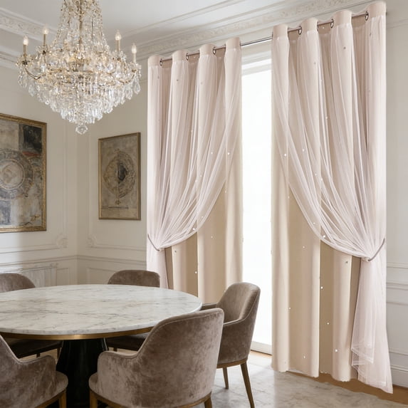 Eespoir Double Layer Star Lace Blackout Curtains, 2-in-1 Sheer Star Patterns with Blackout Liner, Thermal Insulated Curtains for Bedroom, Living Room, Sturdy