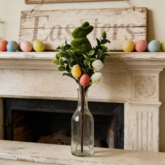 Eespoir Easter Branch Decoration, Foam Easter Eggs Rabbits, Artificial Green Leaves Insert Egg String, for Vase, Wreath, Table Centerpiece, Festive Floral Pick