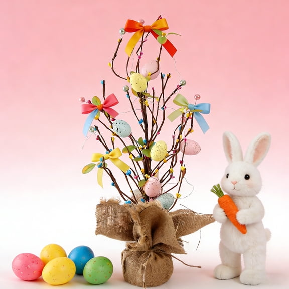 Eespoir Easter Egg Tree With Lights, Potted Plants Holiday Decorations, Spring Centerpiece With LED Lights For Table, Mantle, Festive Display, Indoor