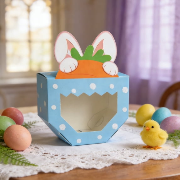 Eespoir Easter Party Paper Box Rabbits, Transparent Visible Candy Box, Folding Color Gift Box for Party Favors, Treat Packaging, Snack Container, Decorative Storage