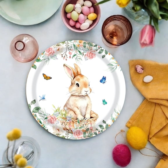 Eespoir Easter Theme Party Tableware, Spring Flower Bunny Disposable Set, Holiday Paper Plates For Easter Celebration, Kids Party, Spring Gathering, Festive Meal(B-7")