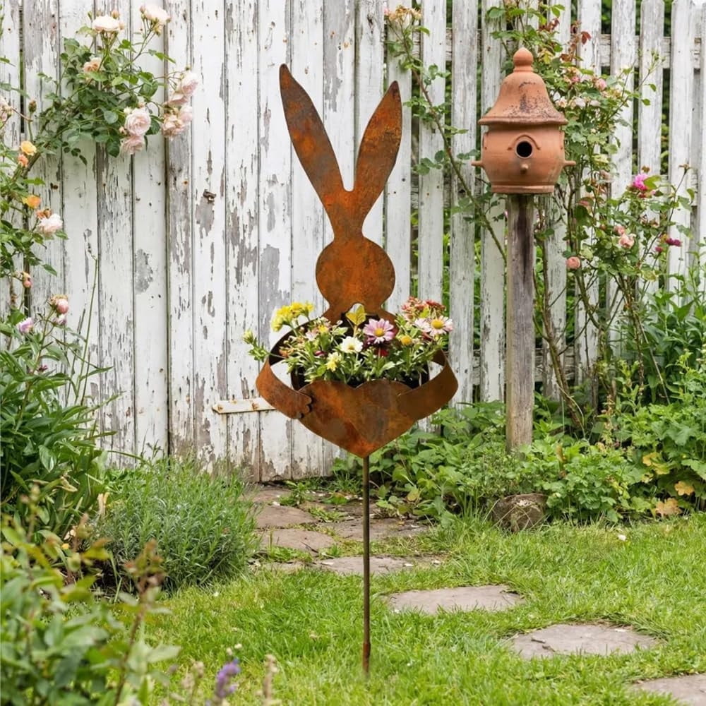 2er Set Patina Osterhase Gartenstecker – Rostige Deko-Hasen Aus Metall, Wetterfest Für Beet, Topf & Balkon – Frühlingshafte Gartendekoration