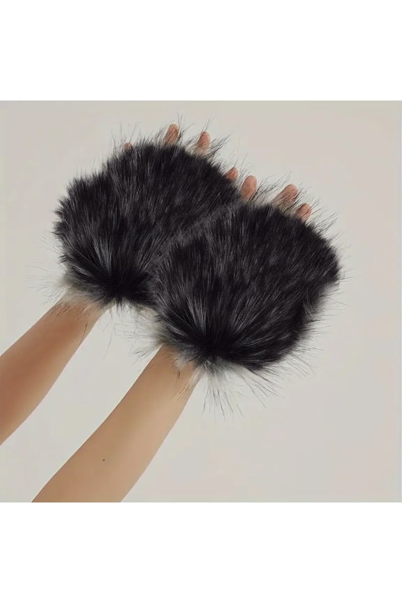 Eespoir Faux Fur Wolf Paw Gloves, Halloween Decoration Gloves, Winter Fingerless Furry Mittens, for Girls Women Winter Warmth, Black