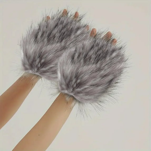 Eespoir Faux Fur Wolf Paw Gloves, Halloween Decoration Gloves, Winter Fingerless Furry Mittens, for Girls Women Winter Warmth, Gray