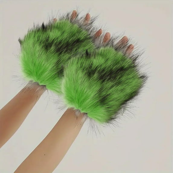 Eespoir Faux Fur Wolf Paw Gloves, Halloween Decoration Gloves, Winter Fingerless Furry Mittens, for Girls Women Winter Warmth, Green