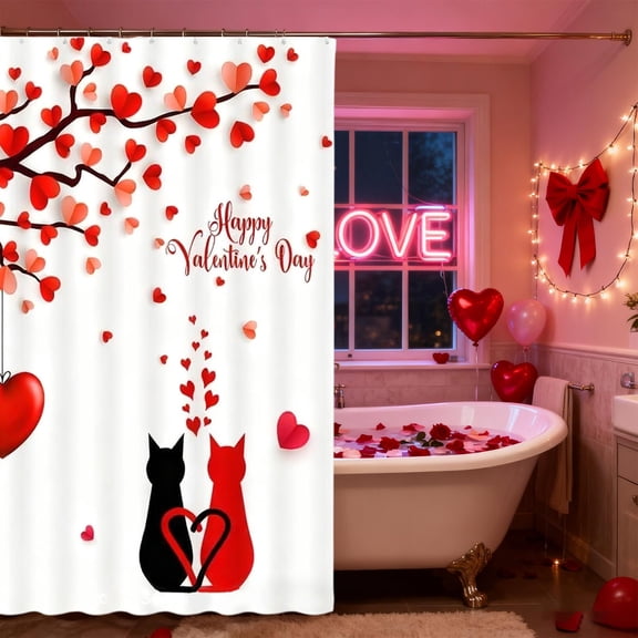 Eespoir February 14 Festive Shower Curtain, Valentine's Day Bathroom Decor, Heart Rose Print Polyester Waterproof Curtain for Holiday Decor, Romantic Atmosphere Setup(C)