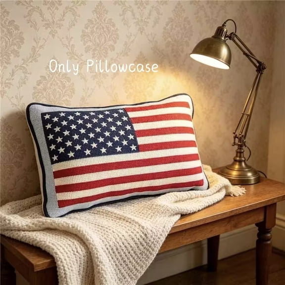 Eespoir Flag Decorative Throw Pillow, Memorial Day Knitted Flag Velvet Back Lumbar Pillow, Patriotic Home Decor for Couch Bed Chair, Polyester,Red