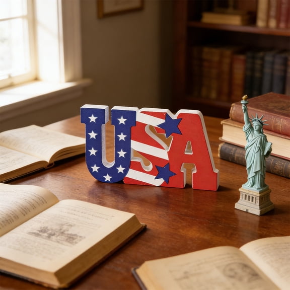 Eespoir Fourth of July Wooden Crafts, USA Independence Day Home Tabletop Decoration, Patriotic Wood Ornament for USA Flag Theme Party Display, Shelf Decor(Blue)