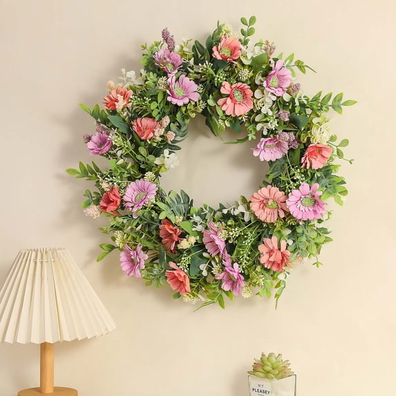 Eespoir Front Door Fragrant Flowers Garlands, Outdoor Flower Porch Decoration, Leaves And Money s Hanging Wreath For Welcome Sign, Patio Decor, Seasonal Greeting(Pink)