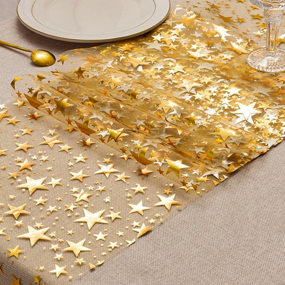 Eespoir Gold Stamped Star Shaped Glitter Table Runner, Thin Mesh Tabletop Centerpiece Decoration, for Birthday Christmas Halloween Dinner Party Decor