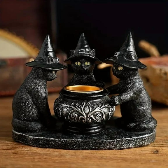 Eespoir Halloween Black Cat Wi-tches Tealight Candle Holder, Wi-tch Resin Candle Halloween Decor, for Holiday Gifts, Parties, Fireplace Mantels, Table Decor
