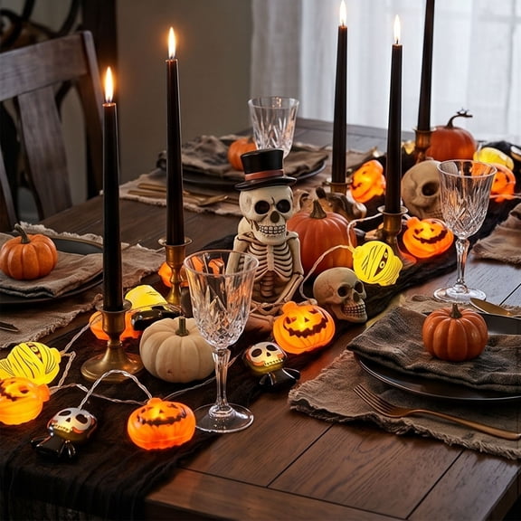 Eespoir Halloween LED String Lights, 1.5M Pumpkin Skull Spider Shapes, Warm Glow, Battery Operated, 2 AA Not Included, Indoor Halloween Home Party Light Decor