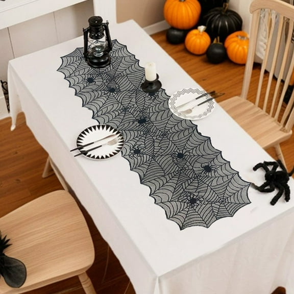 Eespoir Halloween Web Tablecloth Table Runner, 64"Long Black Spider Web Table Runner, Halloween Decorations, Indoor Table Centerpiece Kitchen Decor