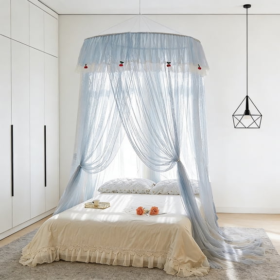 Eespoir Light Luxury French Princess Style Dome Mosquito Net, High Density Mesh Foldable and Ceiling Mounted Canopy, Bed Canopy for Bedroom,Blue