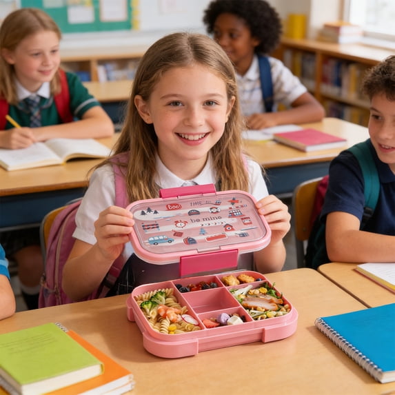 Eespoir Multi Compartment Lunchbox, Toddler Lunch Box, Leak-Proof, for School, Camping, Travel, Microwave Heating, Pink