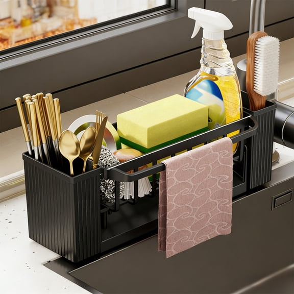 Eespoir Multifunctional Kitchen Rack, Sink-Side Kitchen Storage Rack, Countertop Sponge Rack, Dishcloth Storage Rack for Organization, Counter Saver(Black)