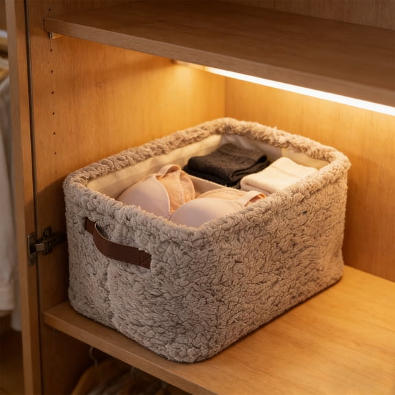 Eespoir Plush Fabric Storage Box, Fuzzy Organizer with Handles for Home Bedroom, Nursery, Closets Use, Toy Storage, Blanket Bin, Soft Bin, Decor Container(Gray)