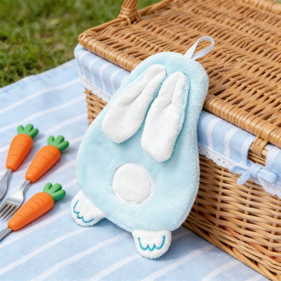 Eespoir Rabbits Shaped Hand Towel, Thickened Corals Fleece Towel, Wall Mountable Towel for Bathroom Use, Kitchen, Guest Room, Highly Absorbent, Odor Free(Blue)