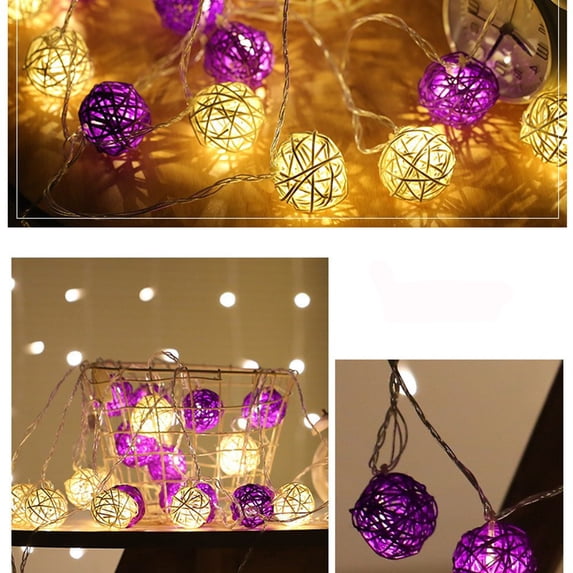 Eespoir Rattan Ball String Lights, Christmas Decorative String Lights, 9.84Ft 20 Lights USB Powered String Lights, for Porches, Doorways, Windowss, Headboards, Purple