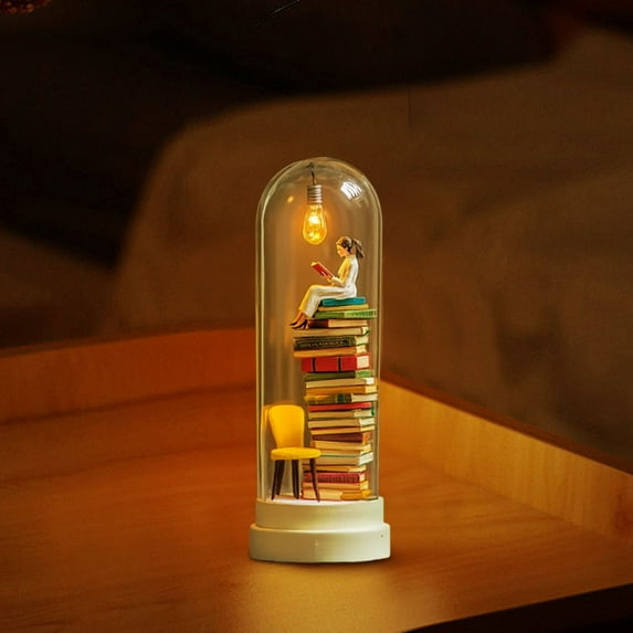 Eespoir Read Night Light, Miniature Book Enthusiast Sculpture, LED Resin Stained Stacked Books Lamp, for Home Office Library Decor