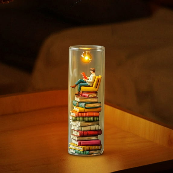 Eespoir Read Night Light, Miniature Book Enthusiast Sculpture, LED Resin Stained Stacked Books Lamp, for Home Office Library Decor