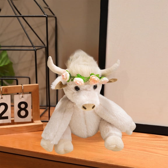 Eespoir Realistic Scottish Highlands Cow Plush Toy, Jointed Long Fur Stuffed Animal, Cuddly Highland Cow Toy, for Kids, Gift, Nursery, Soft and Huggable(White)