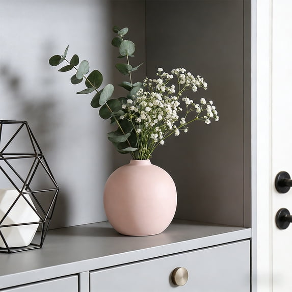 Eespoir Round Faux Ceramic Vase Planter, Modern Decor Vase for Tabletop Shelf, Plastic Centerpiece for Fake Flowers, Pot, Home Accent, Decorative Bowl(Pink)