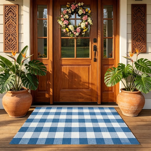 Eespoir Spring Summer Plaid Layered Doormat, Cotton Blend Hand-Woven Washable Entryway Rug, Front Door Welcome Mat Porch Decor, For Indoor Outdoor Use,Blue