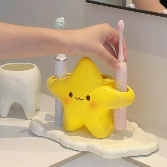 Eespoir Star Toothbrush Rack, Creative Home Bathroom Washbasin Storage, Toothbrush Toothpaste Ornament Holder For Countertop, Wall Mount, Kids
