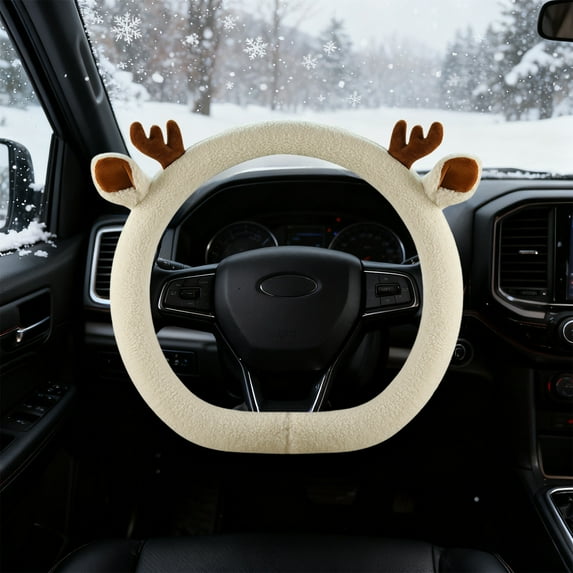 Eespoir Steering Wheel Cover Winter Teddy Bear Fleece, D-Shaped Car Interior Accessory, Women's Protective Cover with Warm Grip Sleeve, Cold Weather(D)