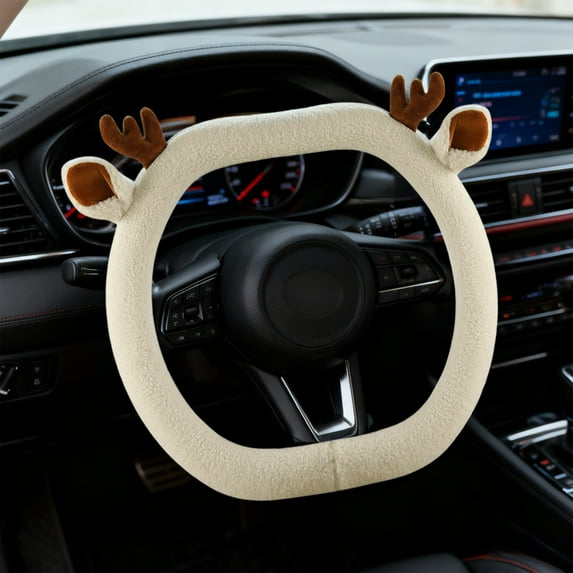 Eespoir Steering Wheel Cover Winter Teddy Bear Fleece, D-Shaped Car Interior Accessory, Women's Protective Cover with Warm Grip Sleeve, Cold Weather(F)