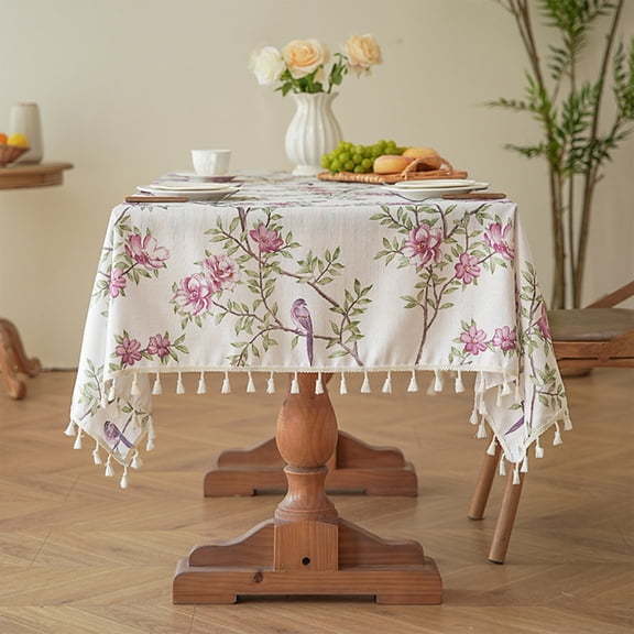 Eespoir Tassel Floral And Birds Print Tablecloth, Imitation Linen Rectangular Table Cover, Dirt-proof Tablecloth, For Dining Table Decoration, Coffee Table, Party Use(A)