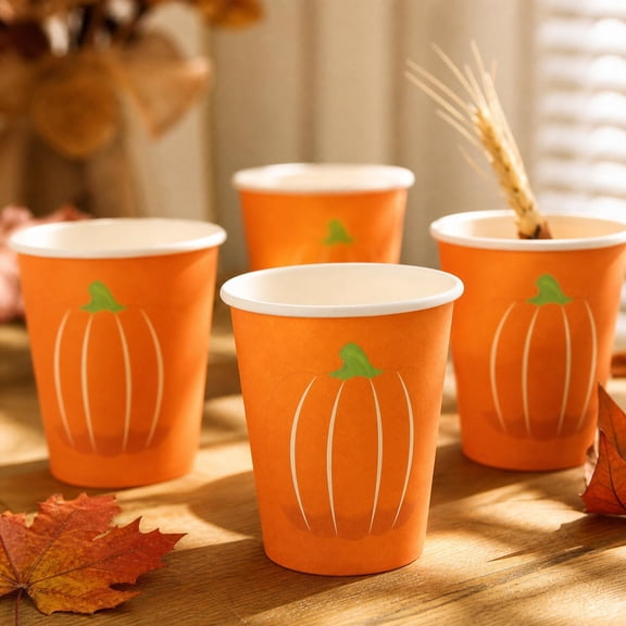 Eespoir Thanksgiving Pumpkin Theme Disposable Cups, 20Pcs Paper Dinnerware Party Decorations, Fall Harvest Table Supplies, For Family Gathering