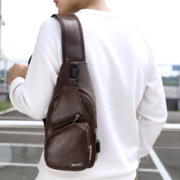 Eespoir USB Chest Bag, Fashion Leather Sling Bag, Crossbody Bag, Crossbody Sling Bag with Earphone Hole for Men and Women, for Hiking Travel Daily Commute, Coffee