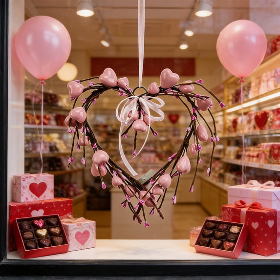 Eespoir Valentines Day Pinky Heart Shaped Wreath, Door Wall Hanging Decoration, Romantic Home Decor, for Front Door, Window, Party, Garland, Welcome Sign(Pink)