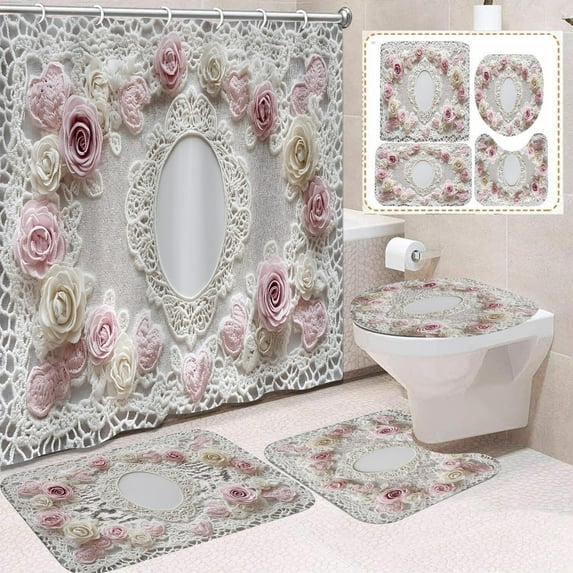 Eespoir Valentines Day Shower Curtain With Bow, Pink Digital Print Bathroom Curtain, Waterproof Partition Curtain for Bathroom Decor, Romantic Theme(B)