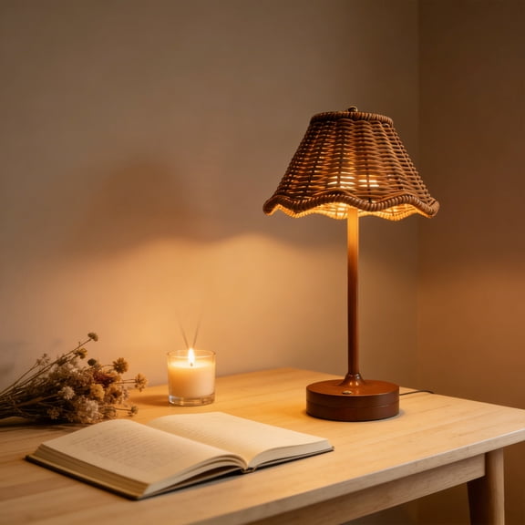 Eespoir Vintage Rattan LED Table Lamp, Rechargeable Touch Dimmable Bedside Lamp, with Scalloped Woven Shade, for Bedroom, Living Room, Patio