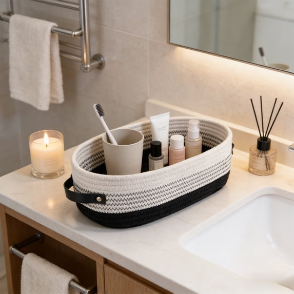 Eespoir Weaving Storage Basket, Natural Fiber Decorative Basket, Toilet Tank Top Organizer, for Bathroom, Table, Counter, Remote Control, Magazines, Tidying(F)