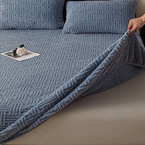 Eespoir Winter Plushs Fitted Sheet, Thickened Milk Velvet Bed Cover, Fleece-lined Mattress Protector For Cold Weather, Warm Bedroom, Cozy Home, Holiday Guest Room(Blue)