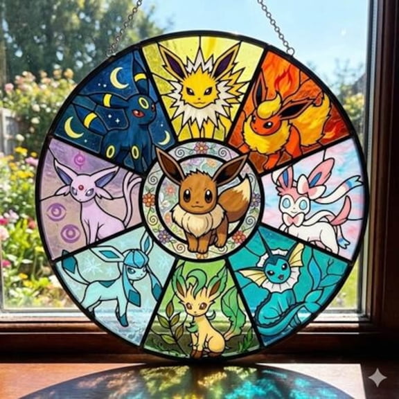 Eevee Evolution Glass Suncatcher, Pokeball Pikachu Suncatcher, Anime Monster Window Hanging Glass Art, Pokeball Room Decor, Gift For Fans
