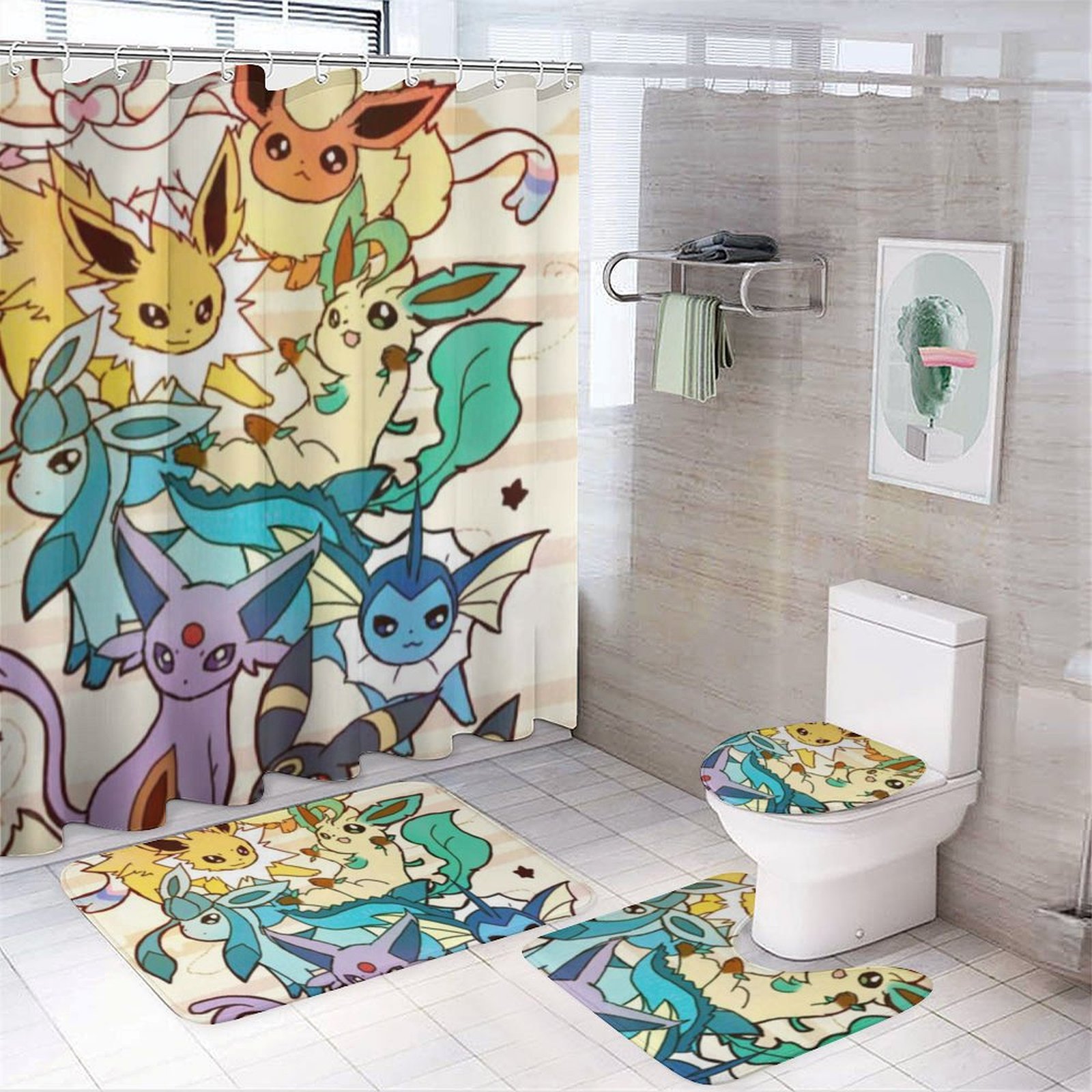 Eevee Evolutions Cartoon Shower Curtain Set for Bathroom 4 Piece