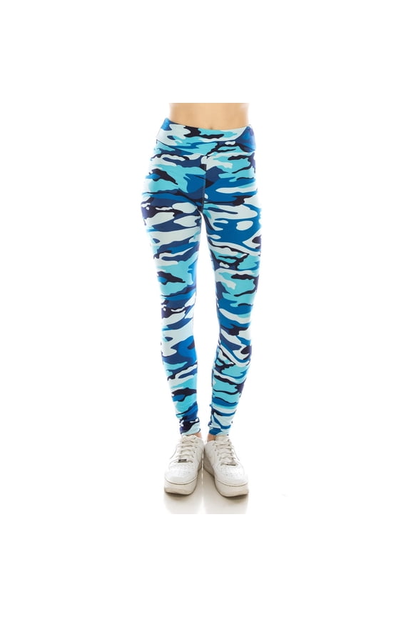 High Waisted Women's Yoga Patterned and Solid Colored Leggings - Plus Size Blue Camo