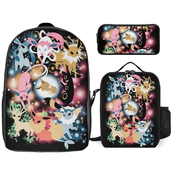 Eeveel_ution Anime Print School Bag 3 Pcs Set, Backpack, Lunch Bag, Pencil Storage Bag