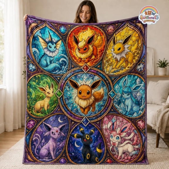 Eeveelution Flannel Blanket, Vaporeon Flareon Espeon Umbreon Sylveon Galaxy Throw, 80x60 inch