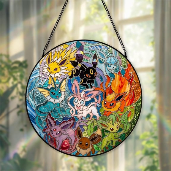 Eeveelution Round Glass Suncatcher, Pokemon Stained Glass Window Art, Eevee Lover Window Hanging Decor, Anime Fans Gift