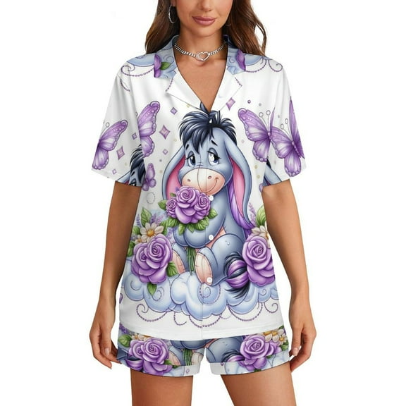 Eeyore Pajamas Set Button Down 2 Piece Pjs Shorts Set Soft Loungewear Sleepwear for Women-S