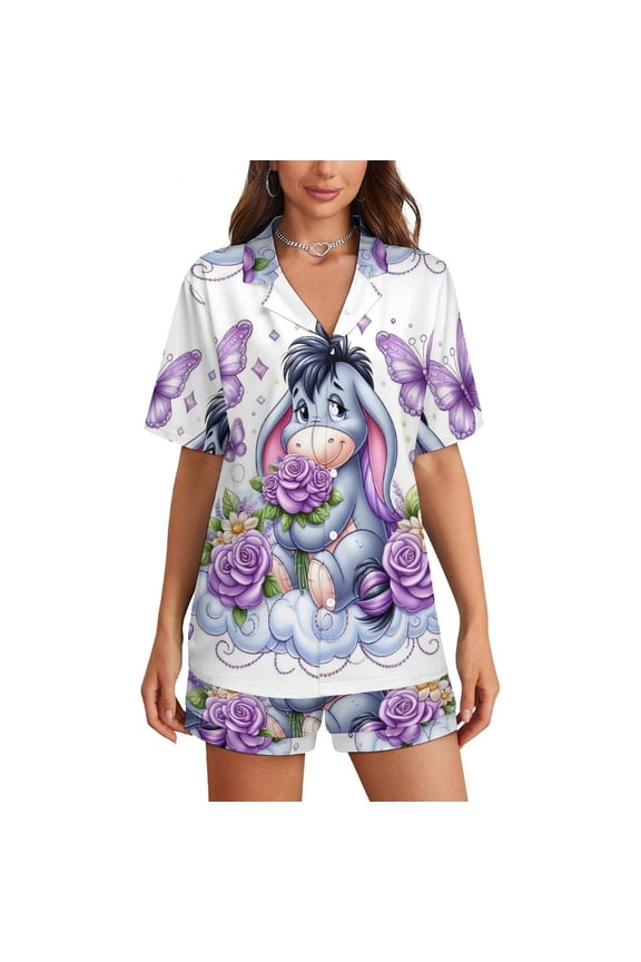 Eeyore Pajamas Set Button Down 2 Piece Pjs Shorts Set Soft Loungewear Sleepwear for Women-S