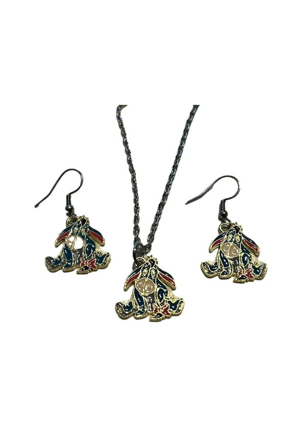 Eeyore Sitting Enamel Metal Necklace and French Wire Earring Set